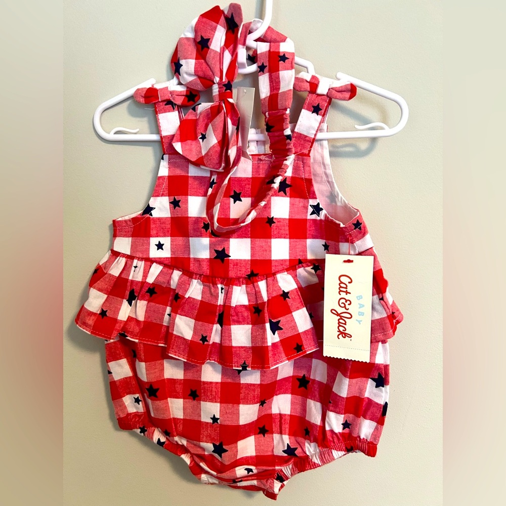 Cat & Jack Red Checkered Baby Romper w/ Matching Headband